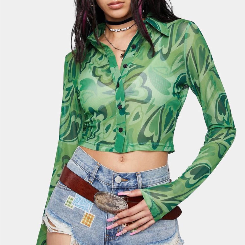 Green Sheer Patterned Cropped Button-Down Shirt